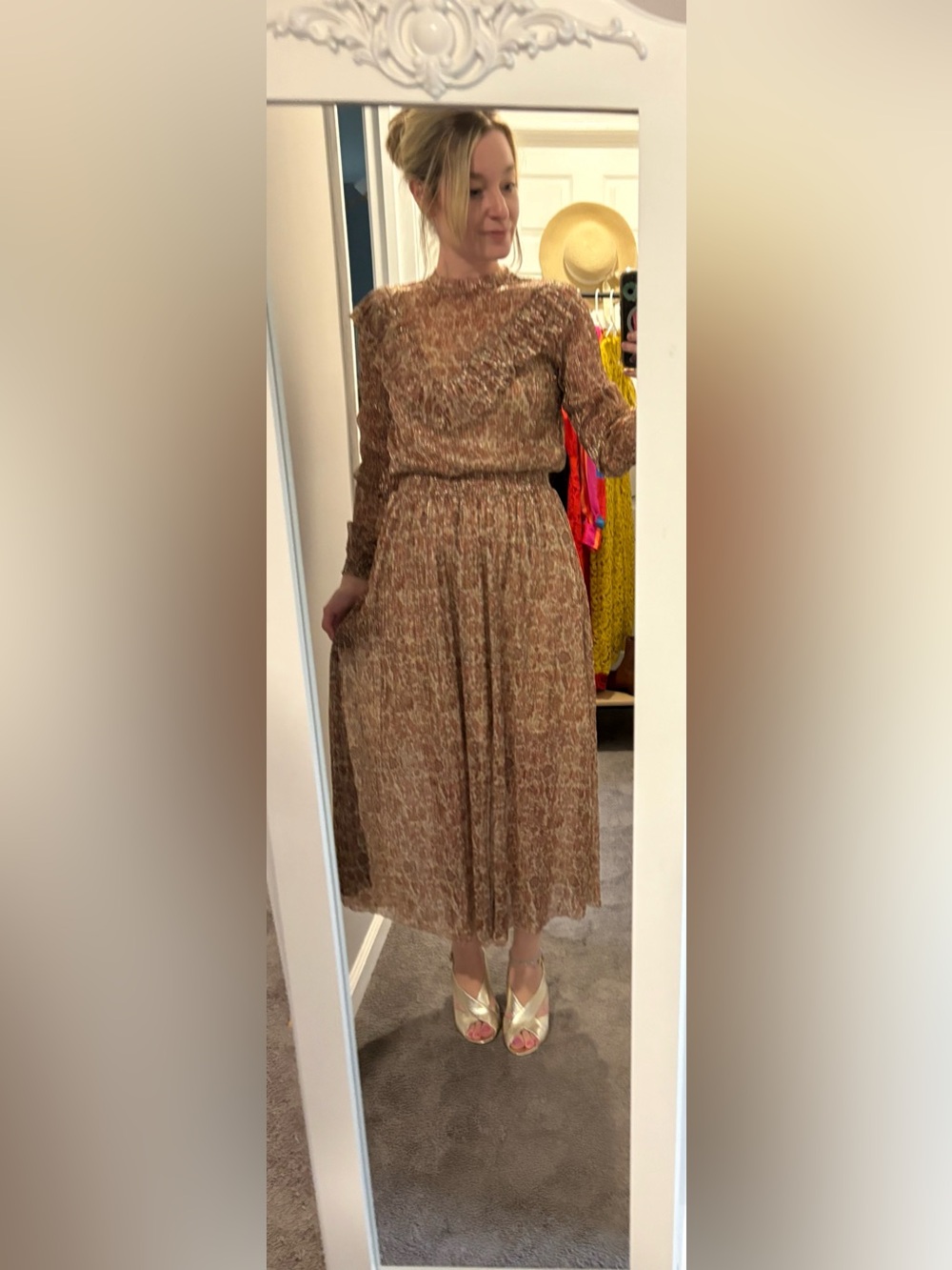 Ted Baker Brown Rust Printed Long Sleeve Pleated Maxi Dress - size 3